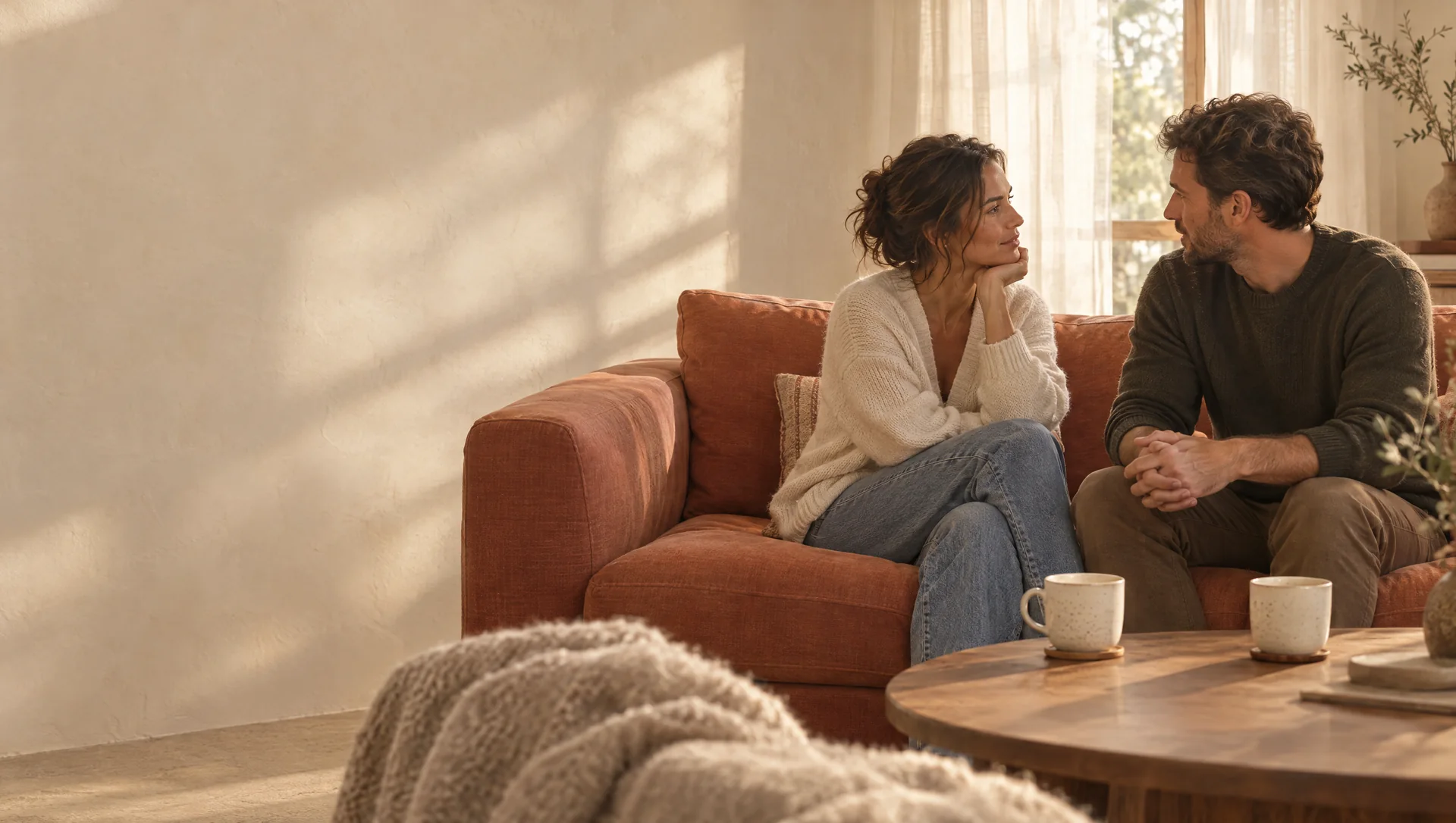 An adult couple sharing a quiet conversation on a terracotta sofa.